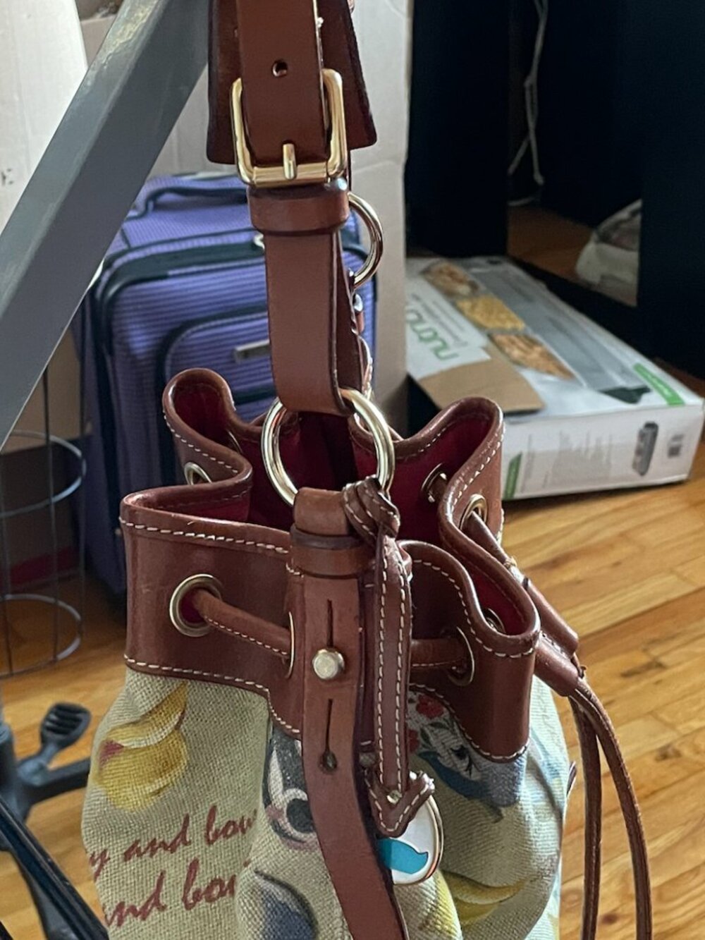 Dooney & Bourke Western Cowboy Boots Vintage Leather Canvas Drawstring Bucket - Picture 5 of 7